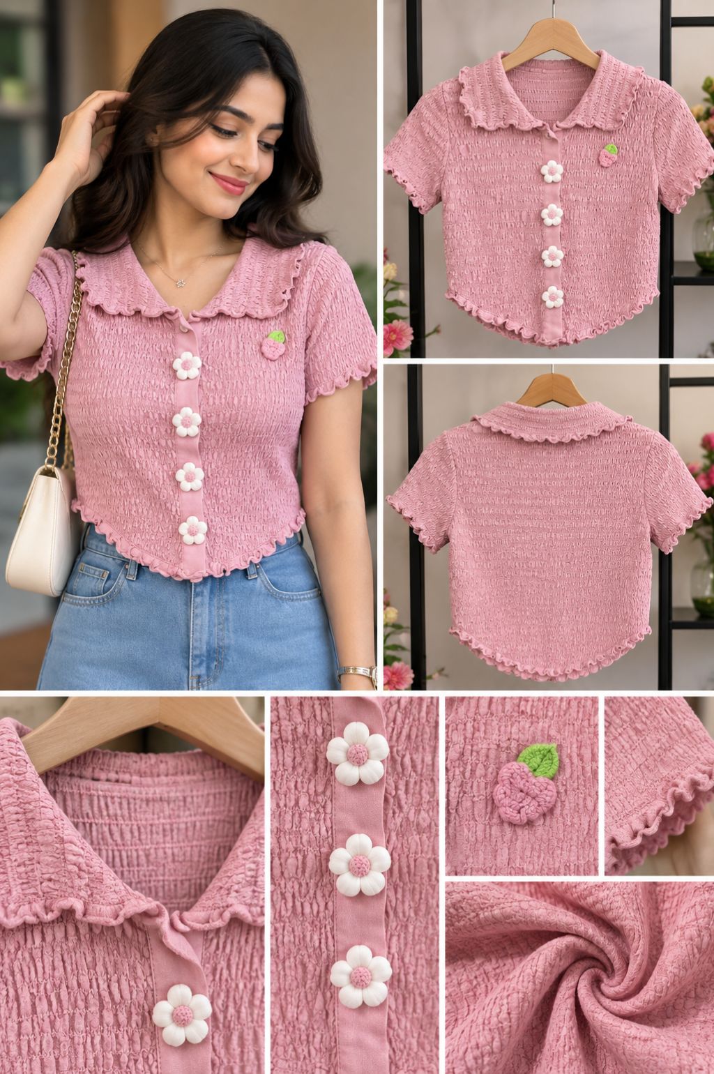 Pink Textured Smocked Crop Top with Floral Buttons