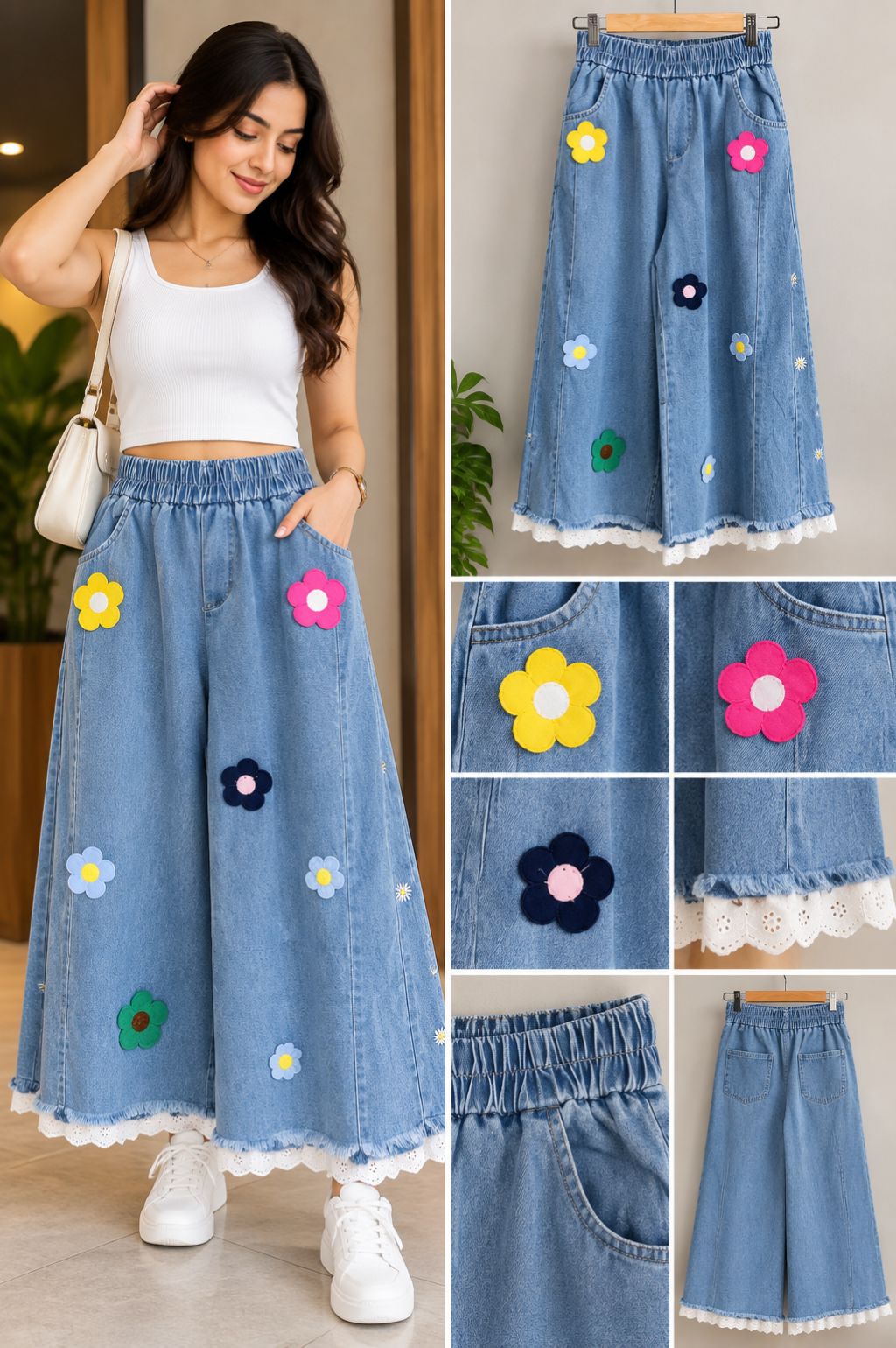 Denim Wide-Leg Culottes with Colorful Flower Patches and Lace Trim
