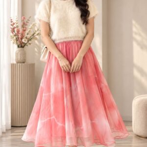 Cream Fuzzy Knit Top with Coral Tie-Dye Organza Maxi Skirt