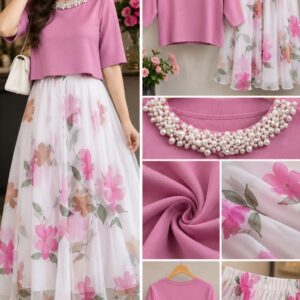 Pink Pearl-Embellished Top with Floral Chiffon Maxi Skirt