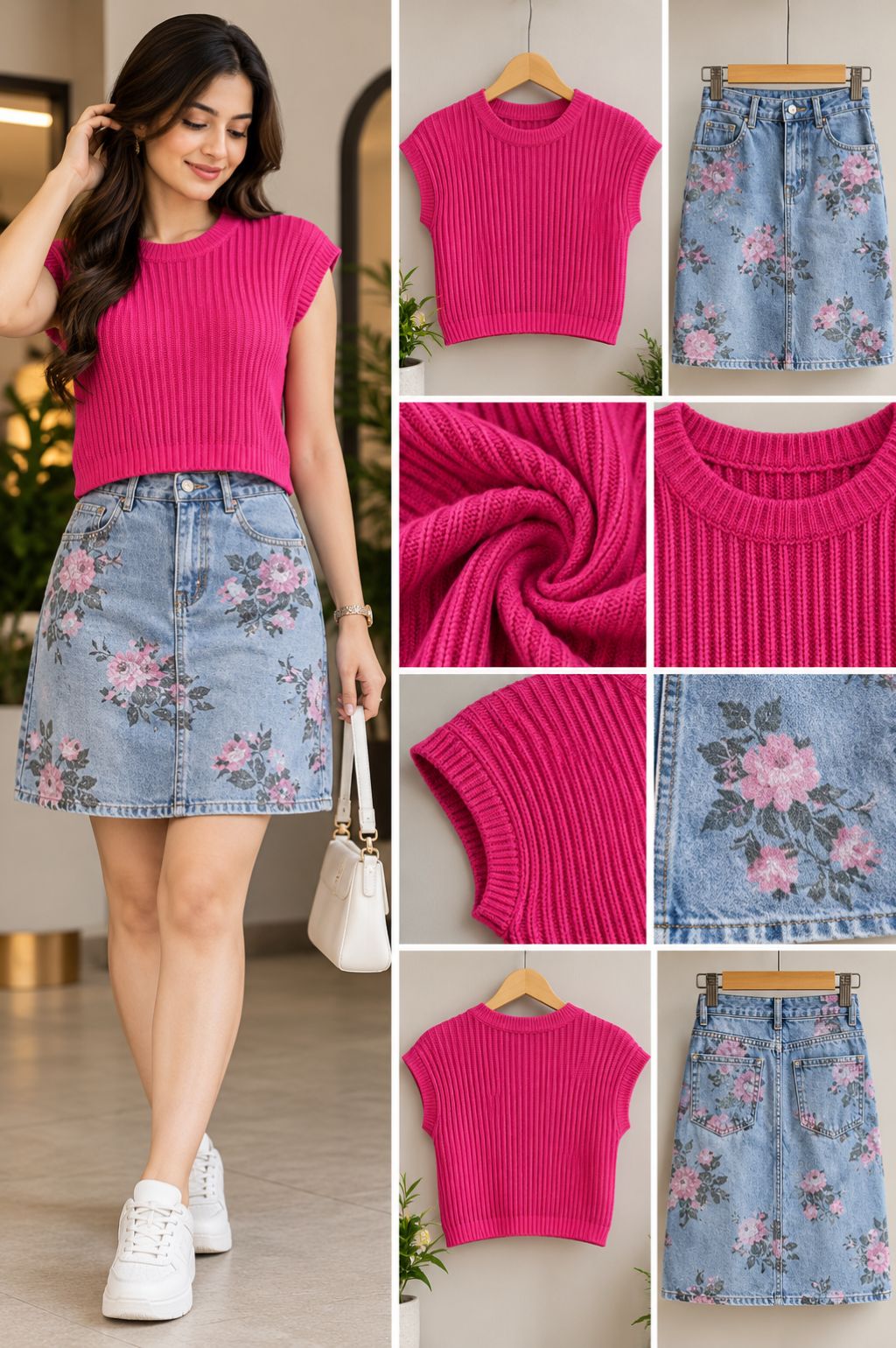 Pink Ribbed Knit Top with Floral Print Denim Skirt