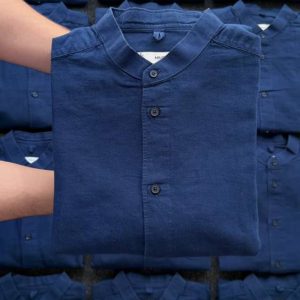 Men's Navy Mandarin Collar Cotton Linen Casual Shirt – Full Sleeve Regular Fit