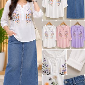 Ladies White Embroidered Top with Denim Skirt Co-ord Set