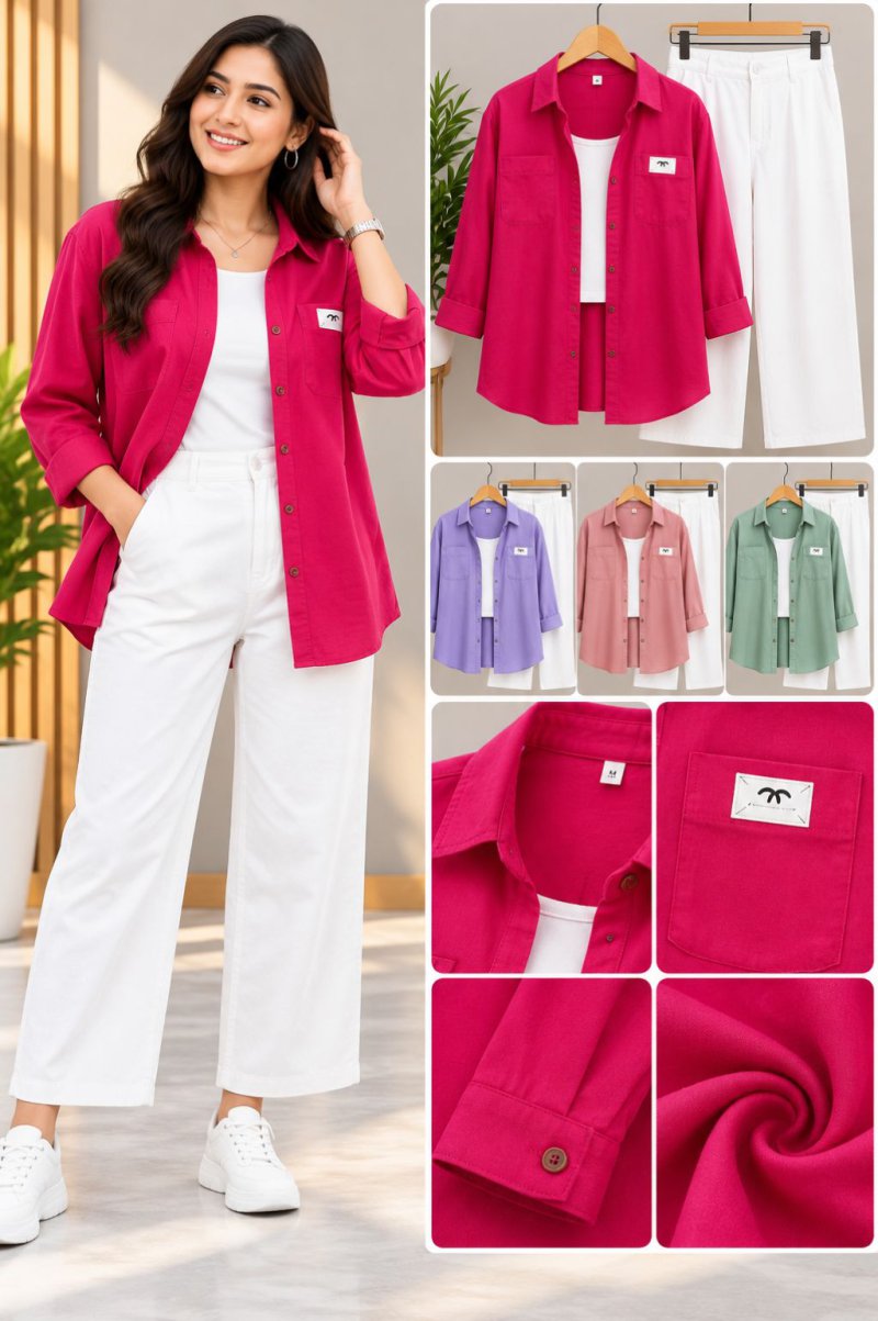 Ladies Pink Shacket with White Pants Co-ord Set