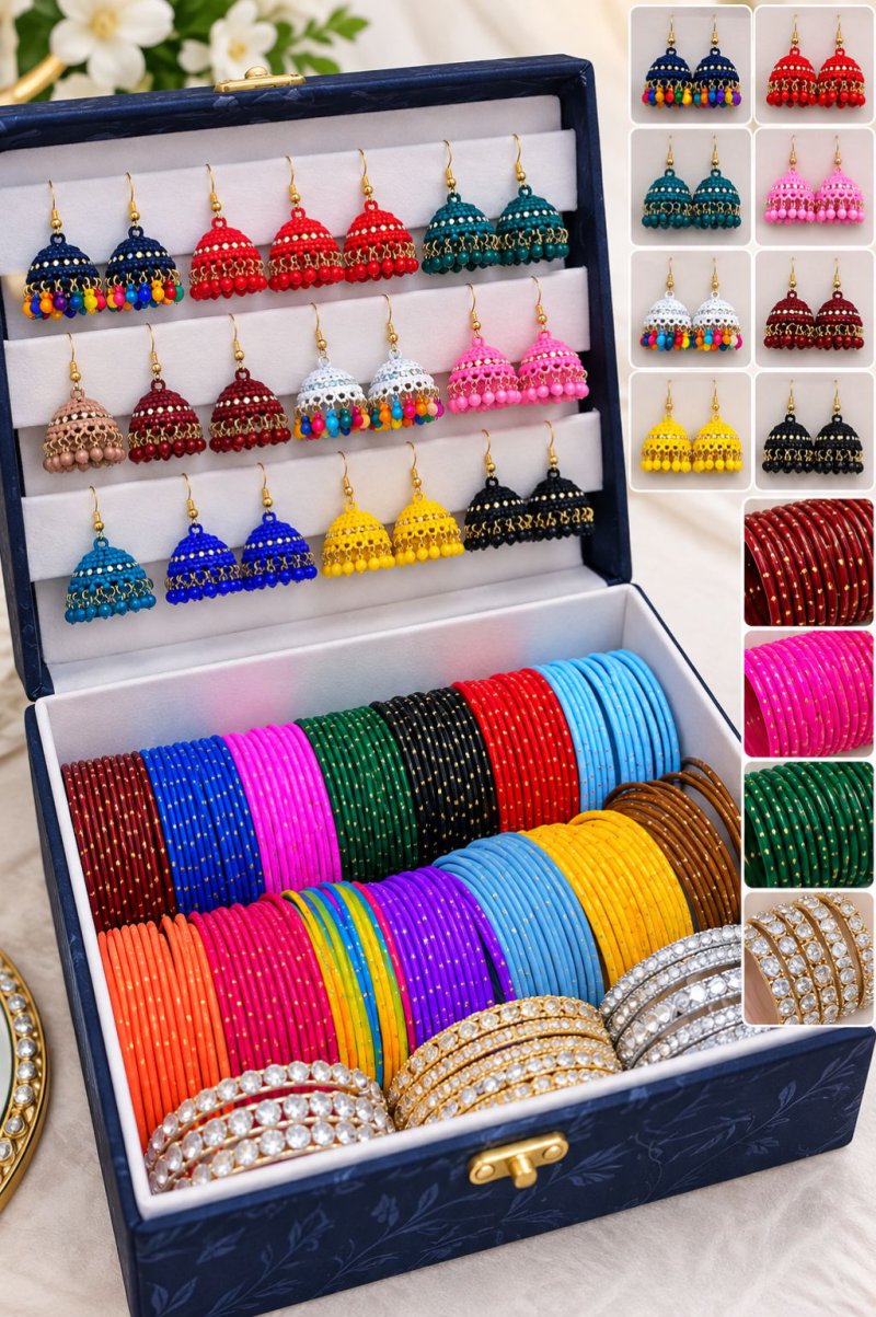Multicolor Jhumka Earrings & Bangles Gift Box