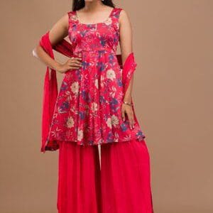 Red Printed Semi Crepe Readymade Sharara Suit