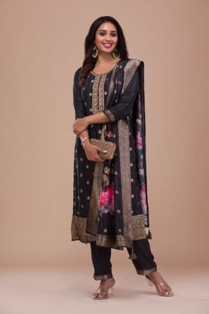 Elegant Black Zariwork Art Silk Readymade Salwar Suit