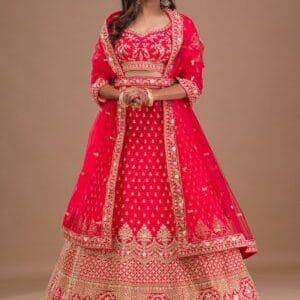 Red Zariwork Raw Silk Readymade Lehenga